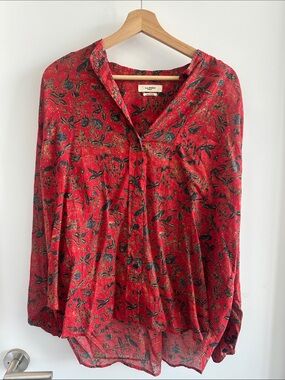 Isabel Marant Etoile Red Floral Button-Front Blouse with Black Print